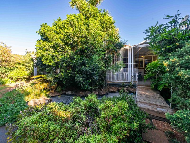 A rear garden view featuring a wooden walkway leading to a covered patio area, surrounded by mature trees and established landscaping.