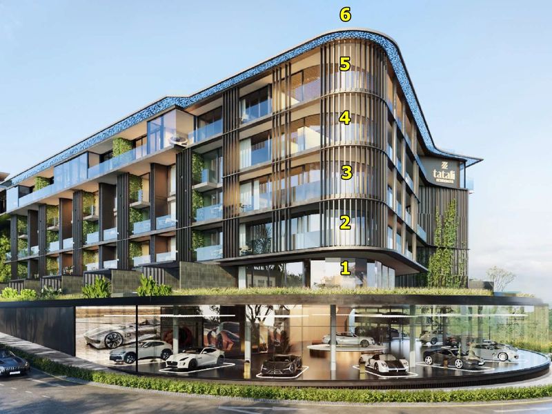 Modern multi-story residential building featuring a contemporary glass facade, integrated balconies, vertical architectural louvers, and a prominent ground-level showroom or parking facility.