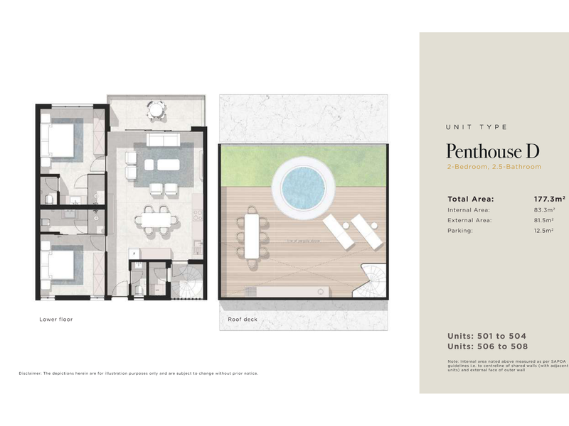 Architectural floor plan for Penthouse D, featuring a two-bedroom, 2.5-bathroom layout with a lower floor and a private roof deck.