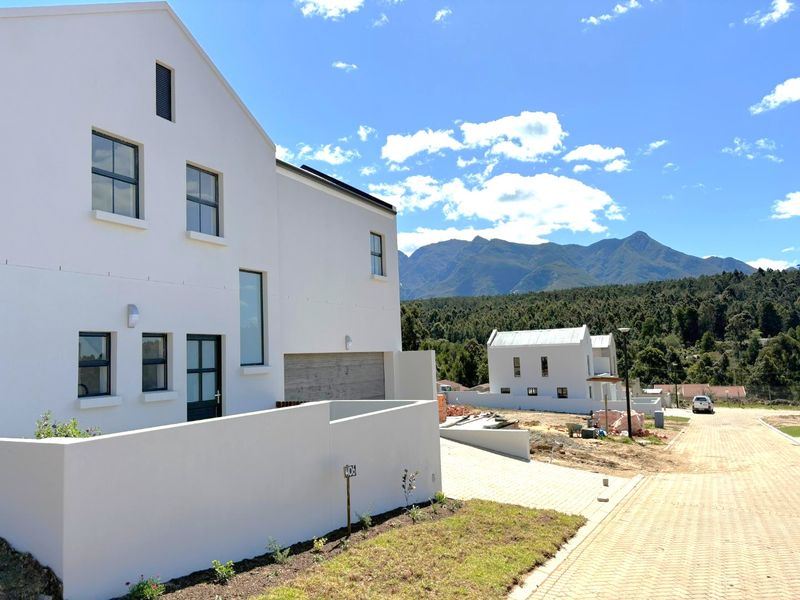 Modern white gabled house exterior featuring a paved driveway, garage, and mountain views in a developing residential estate.
