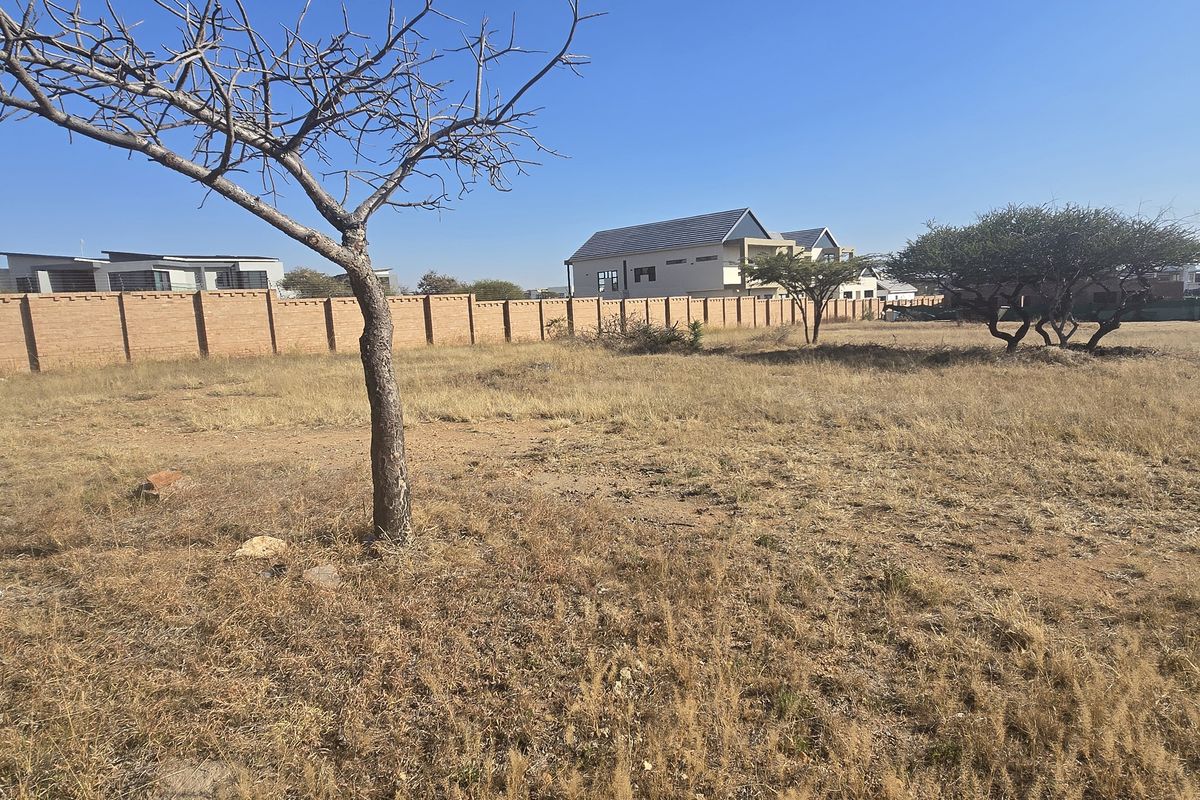 A vacant residential plot featuring dry grass, mature trees, and a perimeter brick boundary wall in a developed estate setting.