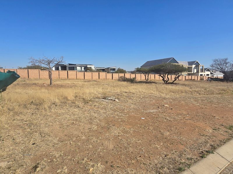 A vacant residential plot featuring dry grass, mature trees, and a perimeter brick wall, situated adjacent to a paved street.