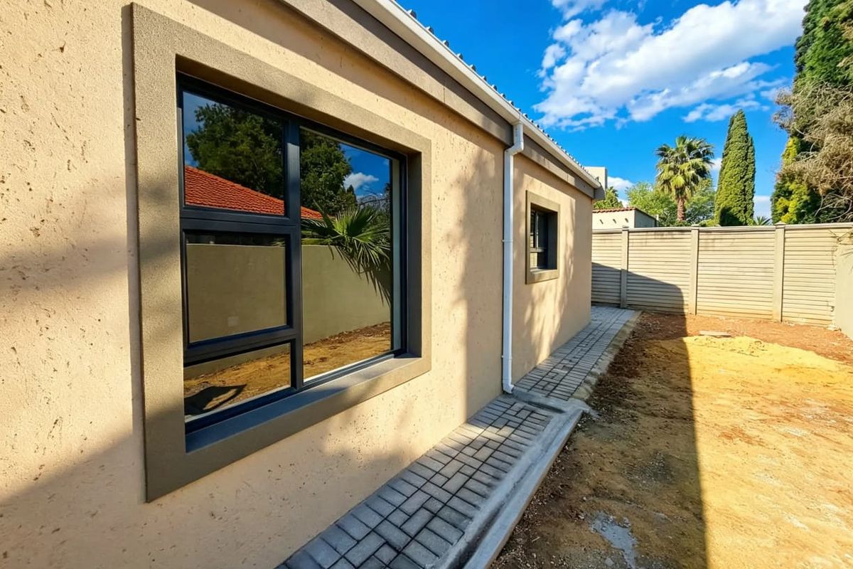 Rear exterior view of the property featuring a paved walkway, modern aluminium window frames, and a secure precast concrete boundary wall.