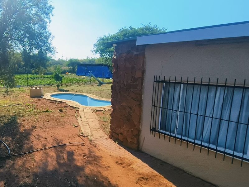 Rear view of the property featuring a swimming pool, stone-clad wall section, and paved pathway leading through the garden area.