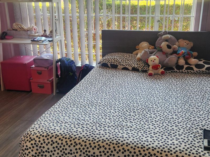 A bedroom featuring laminate flooring and large windows fitted with vertical blinds and security bars.