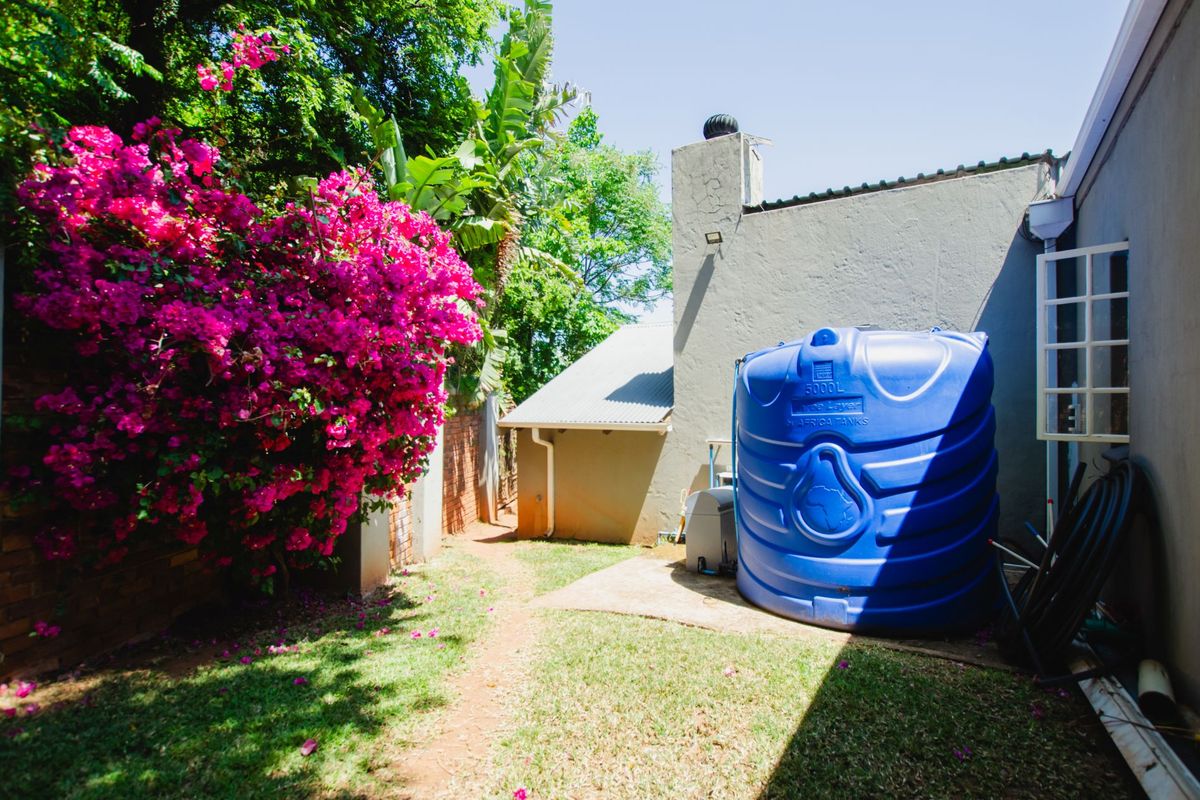 A side garden area featuring a large blue water storage tank, established bougainvillea, and a brick boundary wall.