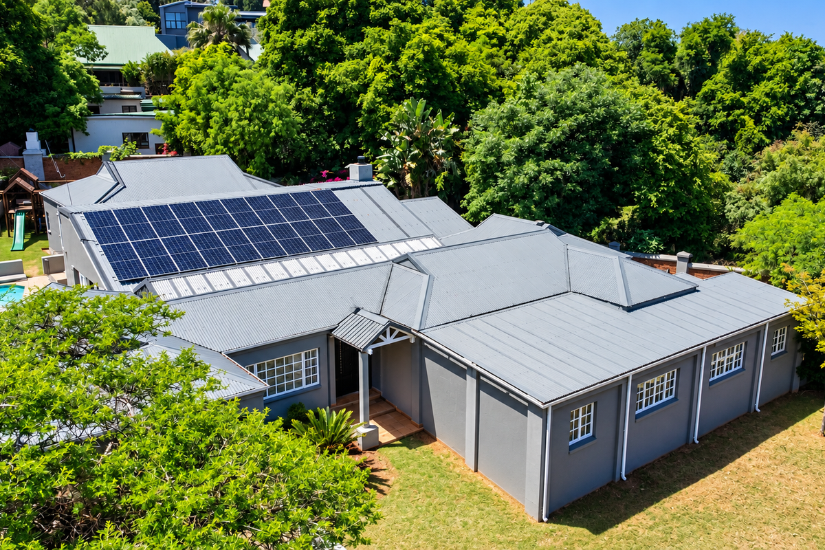 Aerial view of a well-maintained house featuring a modern metal roof, integrated solar panel system, and a private swimming pool set in a lush garden.