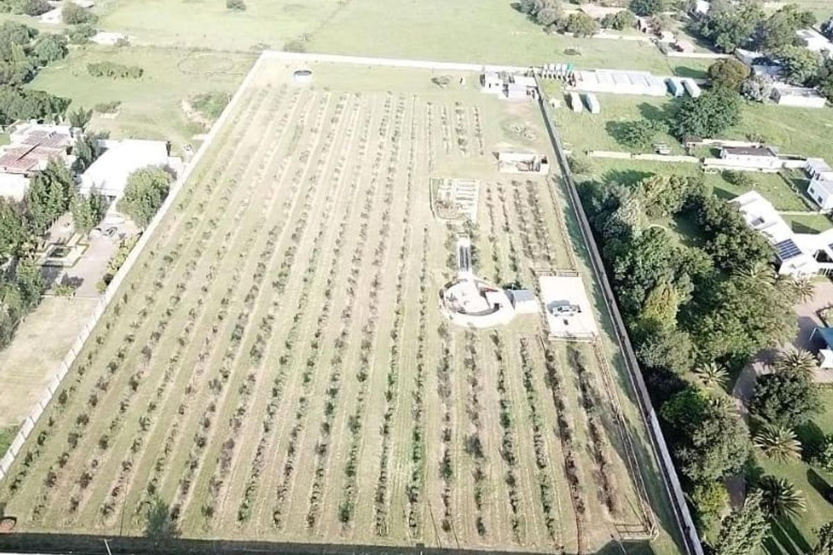 Aerial view of a large farm property featuring extensive cultivated land, perimeter fencing, and various outbuildings within a rural landscape setting.