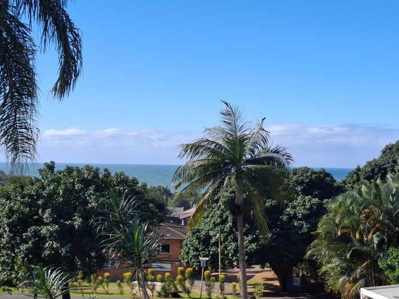 A scenic elevated view overlooking lush greenery and the ocean horizon under a clear blue sky.