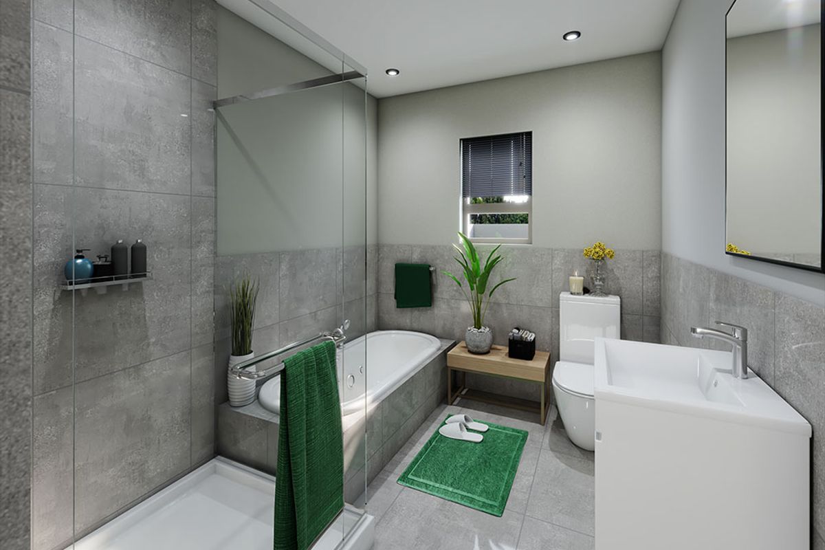 Modern bathroom featuring a glass-enclosed shower, built-in bathtub, contemporary vanity, and sleek grey tiling throughout.