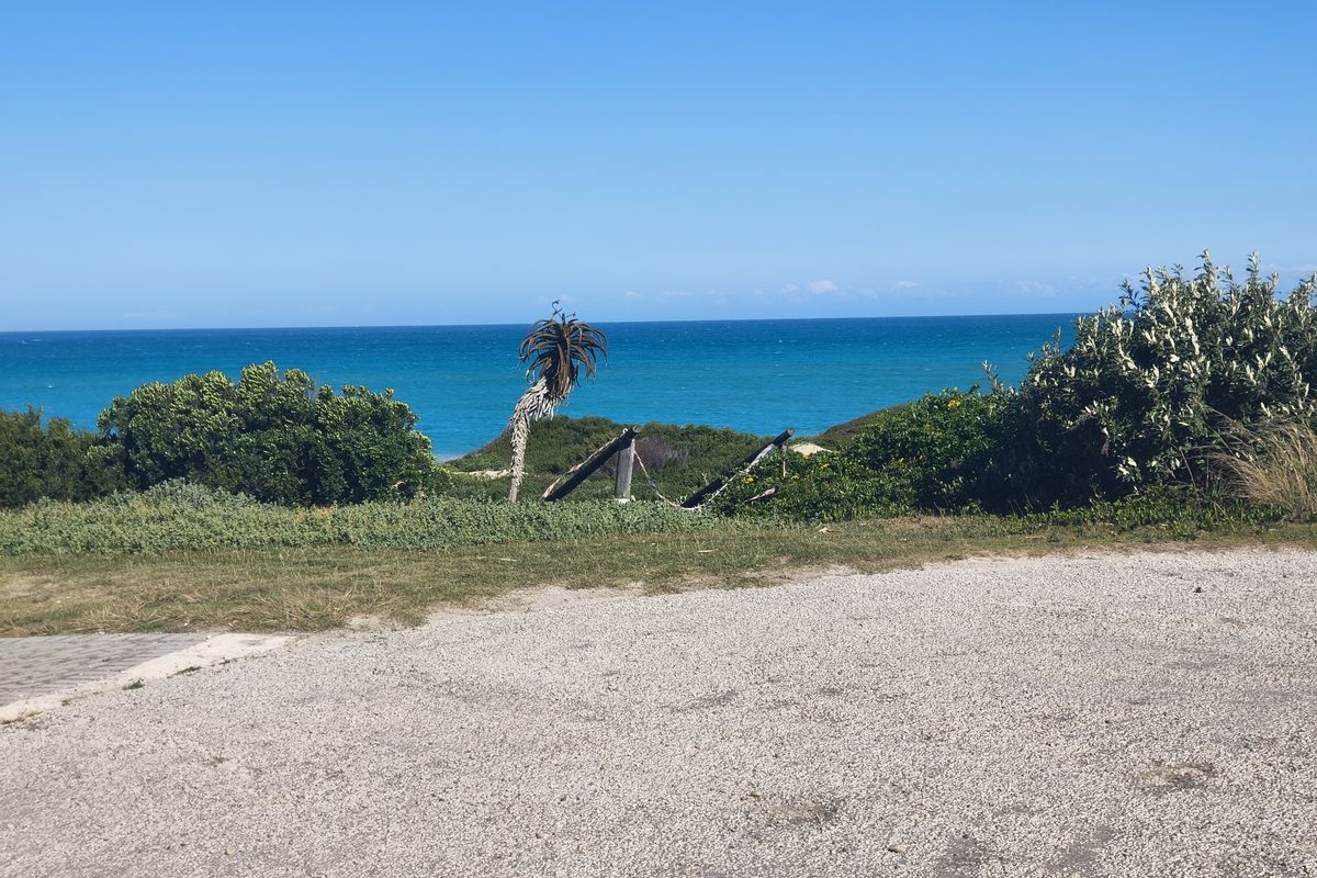 A scenic view of the ocean and coastal vegetation from a gravel surface area on the property.