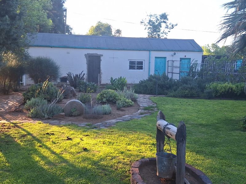 A rear garden view featuring a well, stone pathways, and a detached outbuilding with a corrugated metal roof and painted exterior walls.