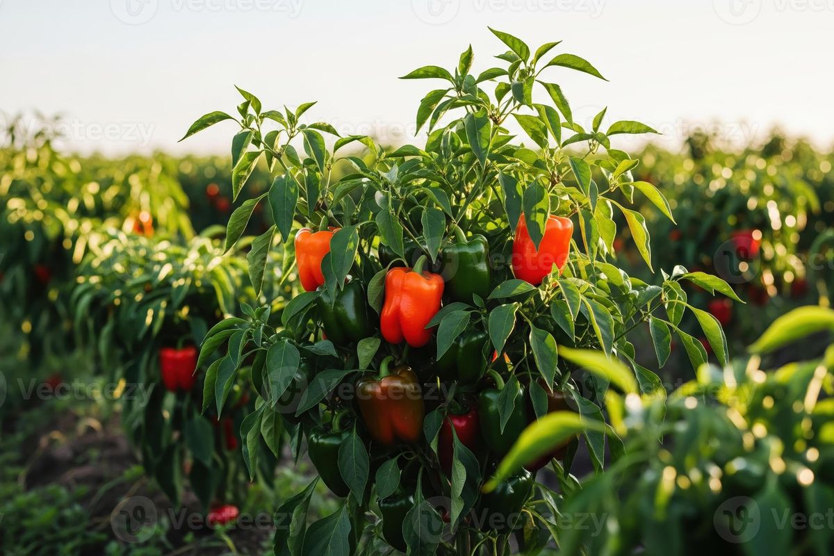 A close-up view of a bell pepper plant growing in a farm field.