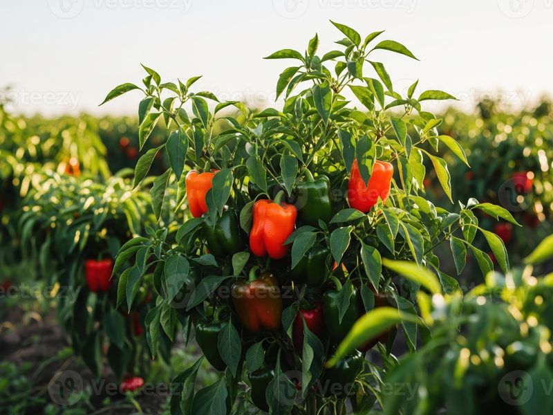 A close-up view of a bell pepper plant growing in a farm field.