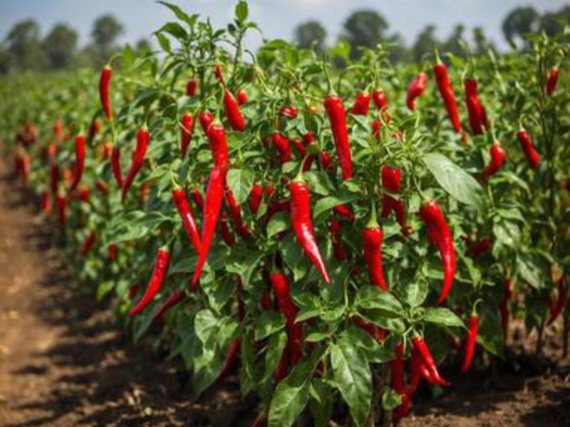 A vibrant field of red chili peppers growing in rows on a farm, showcasing healthy crops and well-maintained agricultural soil.