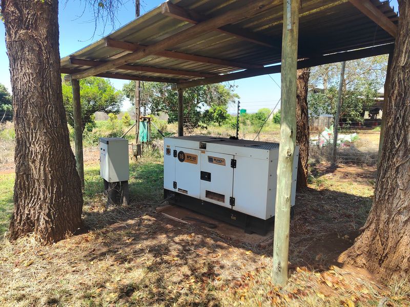 Outdoor utility area featuring a permanent diesel generator housed under a timber-framed corrugated roof structure with associated electrical control panels.