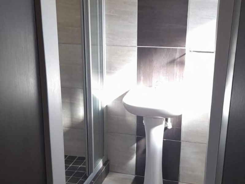 A compact bathroom featuring a pedestal basin and a glass-enclosed shower with modern two-tone tiled finishes.