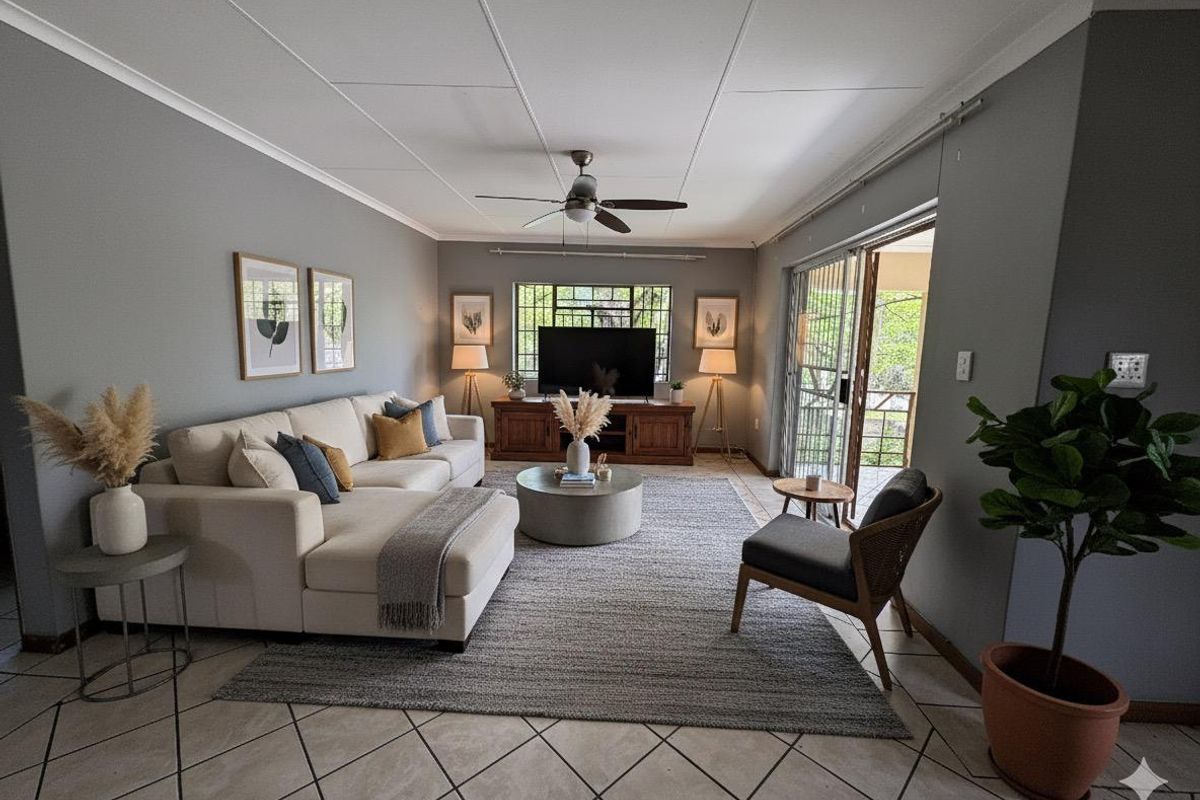 A well-maintained living room featuring tiled floors, a ceiling fan, and large sliding glass doors that provide access to the outdoor area.