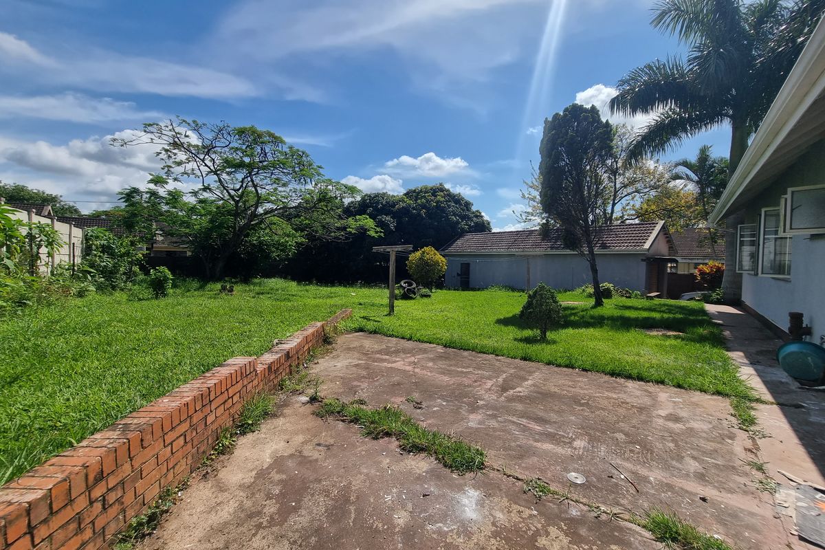 A spacious rear garden featuring a concrete patio area, established trees, and a detached outbuilding, offering significant potential for landscaping and outdoor improvement.