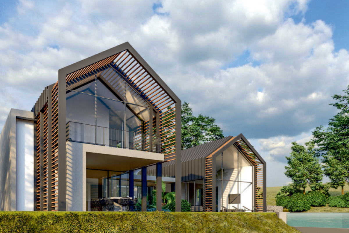 A modern architectural rendering of a residential property featuring a striking gabled design with timber slat detailing and expansive glass facades.