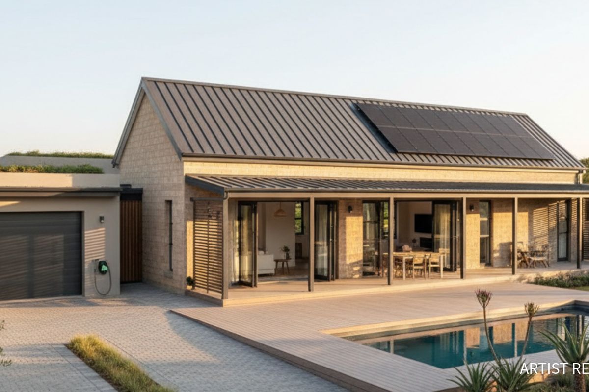 A modern residential exterior featuring a metal roof with integrated solar panels, a swimming pool, and a spacious covered patio area.