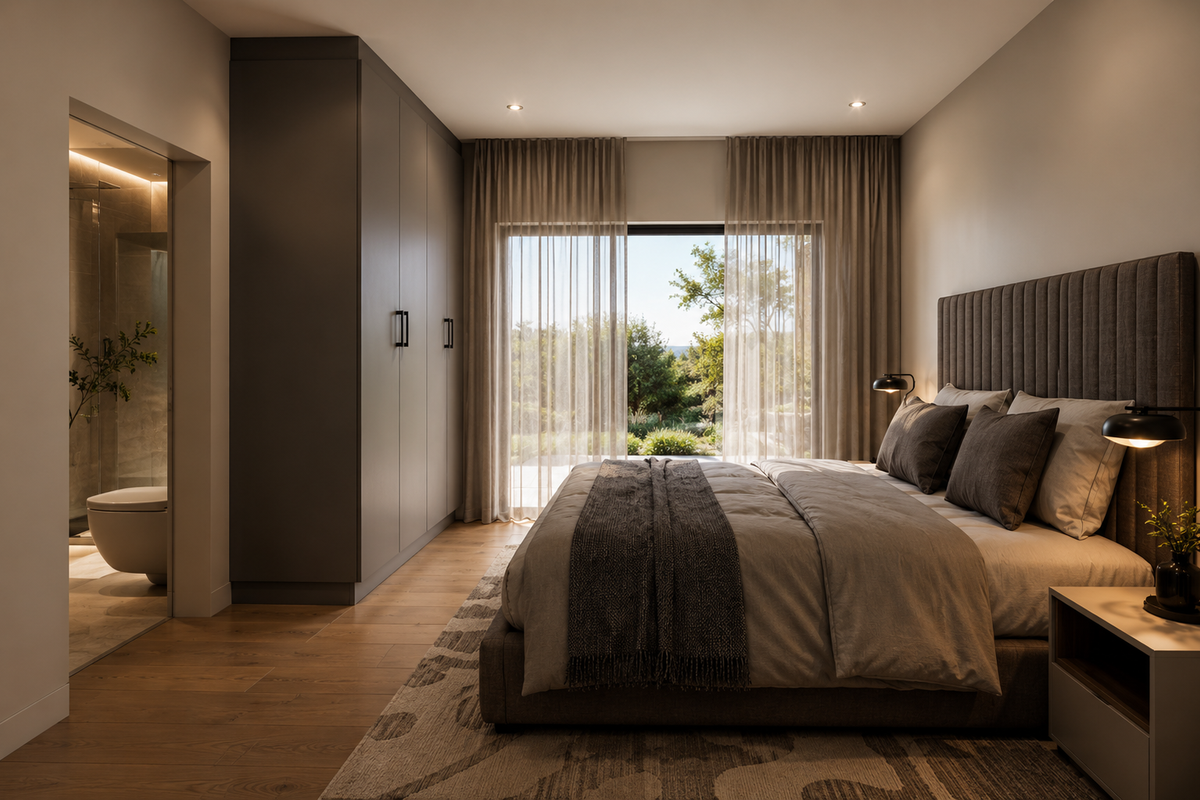 A modern bedroom featuring built-in floor-to-ceiling wardrobes, recessed downlighting, timber flooring, and an en-suite bathroom, with large sliding doors opening to a garden view.
