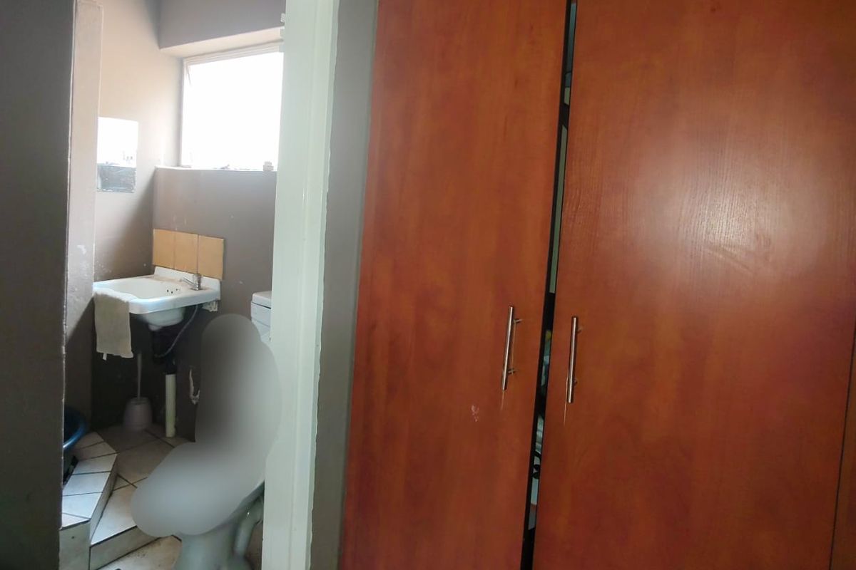 A view into a small bathroom featuring a pedestal basin and toilet, adjacent to a built-in wooden cupboard in the hallway.