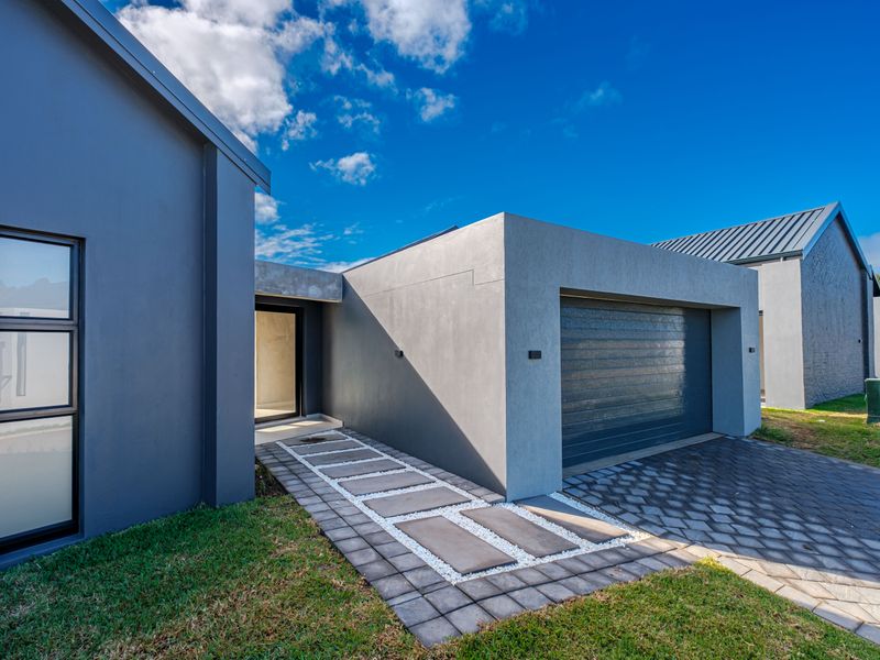 Modern front elevation featuring a sleek grey facade, integrated garage, and a clean paved walkway leading to the entrance.