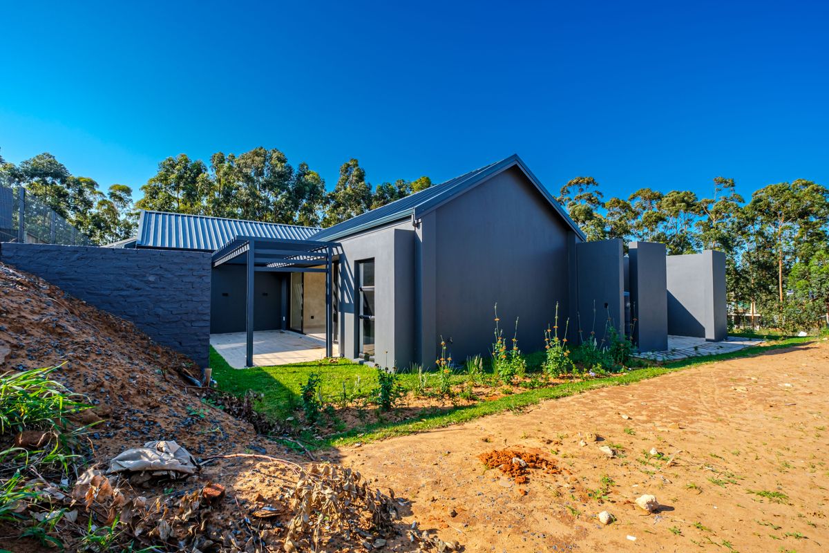 Rear view of a modern dark-painted home featuring a metal roof, a covered pergola patio, and surrounding unfinished garden area.