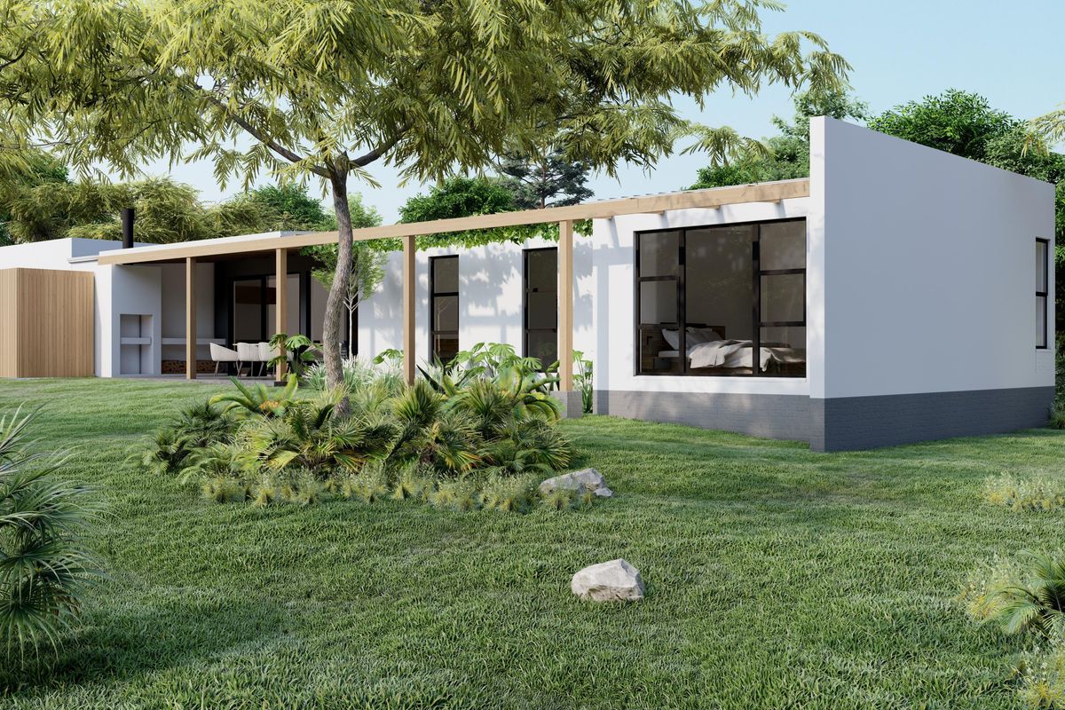 A modern rear exterior view of a single-story home featuring a timber pergola, built-in outdoor fireplace, and expansive glass windows overlooking a landscaped garden.