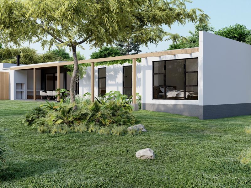 A modern rear exterior view of a single-story home featuring a timber pergola, built-in outdoor fireplace, and expansive glass windows overlooking a landscaped garden.
