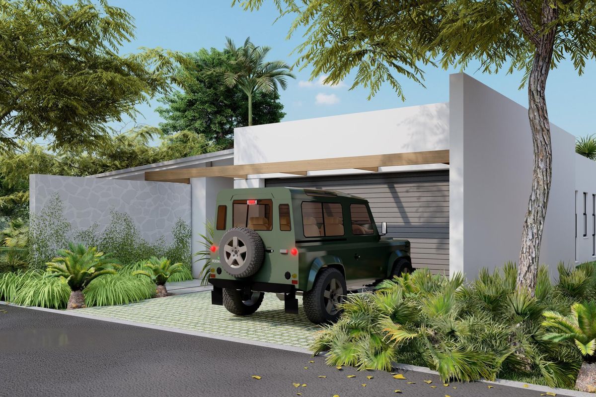 Modern front facade featuring a clean white finish, stone accent wall, timber pergola detail, and a paved driveway leading to a secure garage.