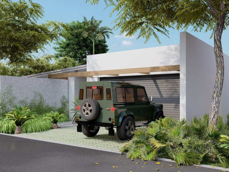 Modern front facade featuring a clean white finish, stone accent wall, timber pergola detail, and a paved driveway leading to a secure garage.