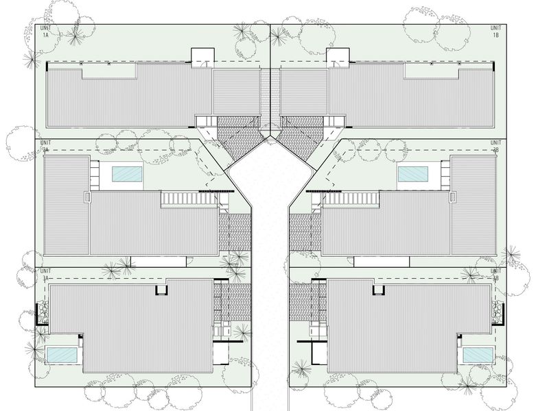 Architectural site plan showing the layout of six residential units, including private swimming pools and driveway access.