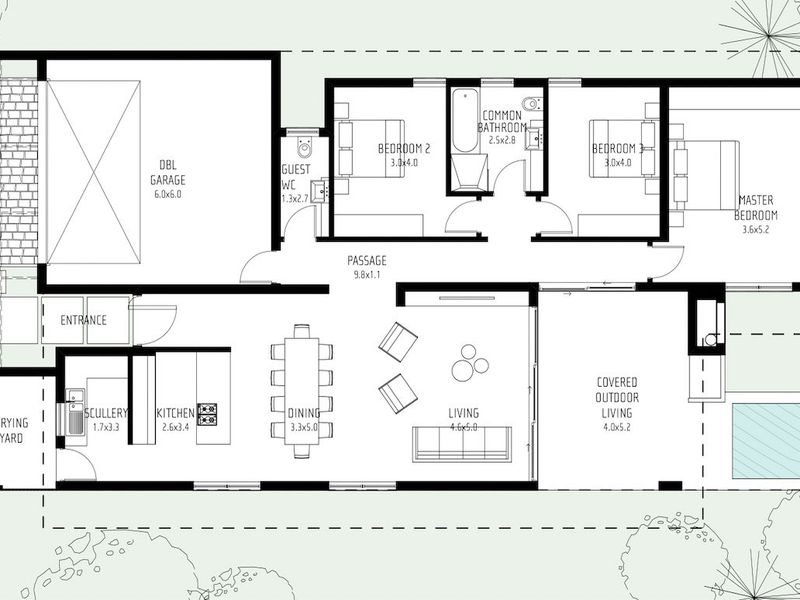 A detailed architectural floor plan showing a modern layout with open-plan living, three bedrooms, double garage, and outdoor entertainment area with a pool.