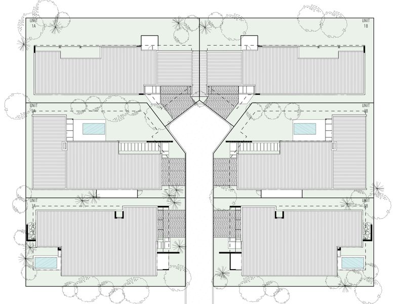 Architectural site plan showing the layout and positioning of six residential units with private swimming pools.