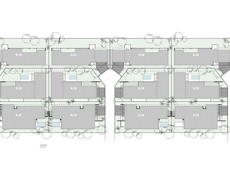 A detailed site plan showing the layout and positioning of multiple residential units within the property development.