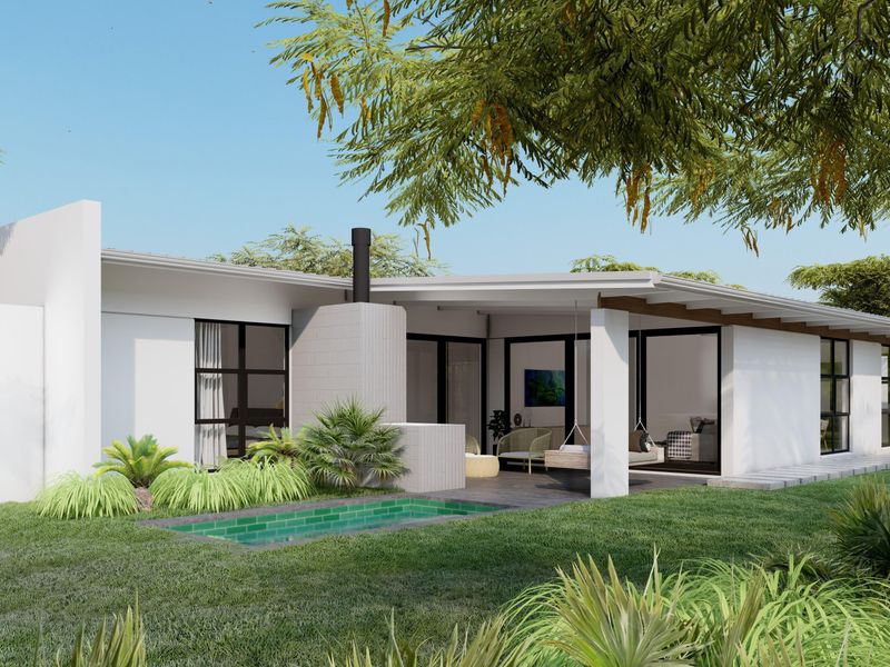 Modern rear exterior featuring a covered patio, outdoor fireplace, and a private swimming pool set within a landscaped garden.