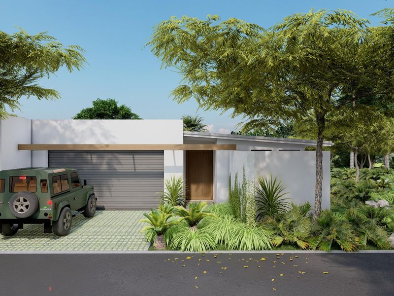 Modern front facade featuring a clean architectural design, integrated garage, and landscaped garden area.