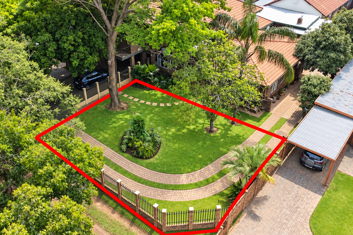 Aerial view of the property featuring a well-maintained garden, paved driveway, and a carport with metal roofing.