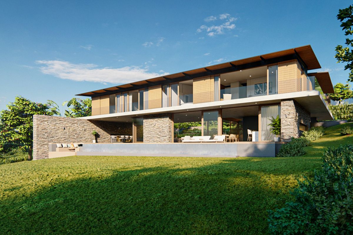 A modern architectural residence featuring stone cladding, expansive glass sliding doors, a sleek infinity pool, and a spacious covered patio area.