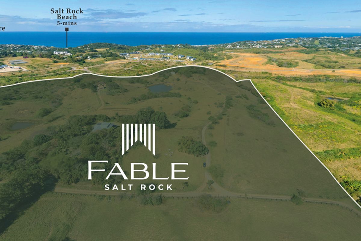 Aerial view of the Fable Salt Rock residential land development, showcasing the expansive plot with proximity to the coastline and local amenities.