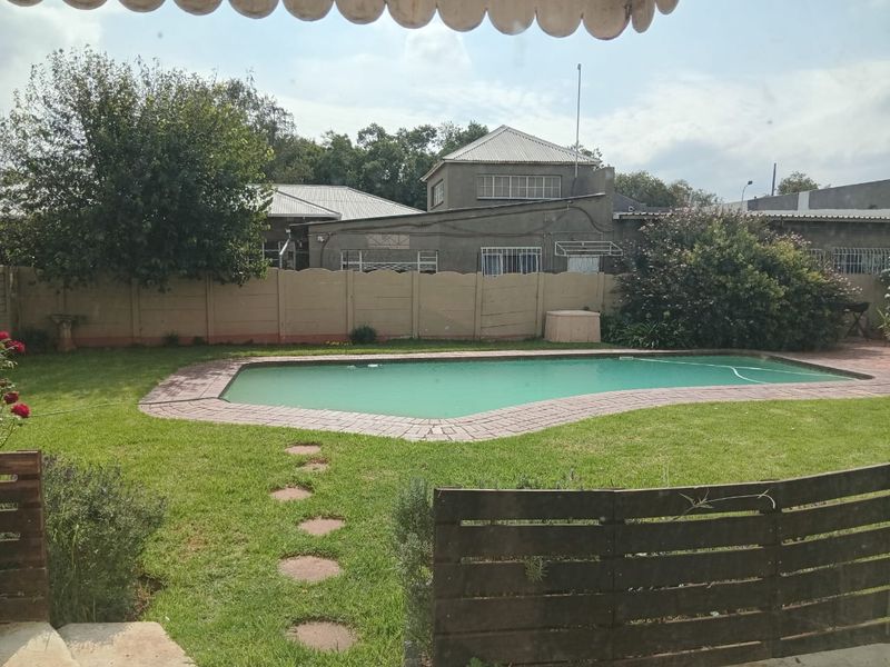 A backyard garden featuring a swimming pool with brick coping, surrounded by a lawn and a precast concrete boundary wall.