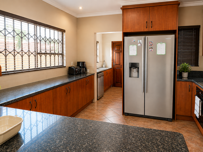 A functional kitchen featuring warm-toned wooden cabinetry, dark granite countertops, tiled flooring, and a separate scullery area with additional storage and workspace.