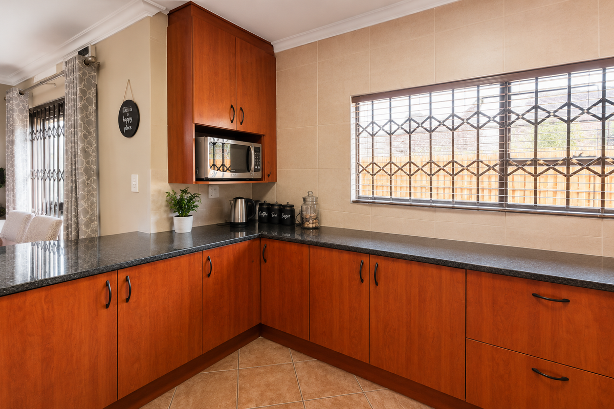 A functional kitchen featuring warm-toned wooden cabinetry, dark granite countertops, a tiled backsplash, and a window fitted with a security gate.