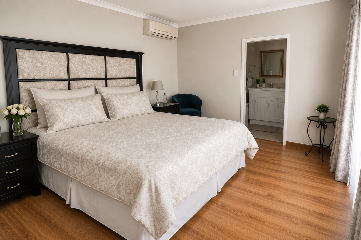 Spacious bedroom featuring laminate flooring, a wall-mounted air conditioning unit, and direct access to an en-suite bathroom.