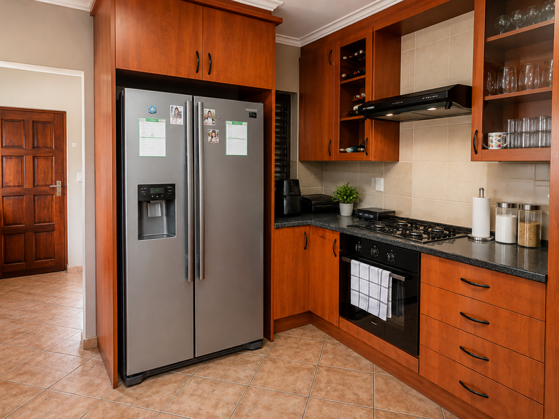 A functional kitchen featuring warm-toned wooden cabinetry, granite countertops, a gas hob, and a built-in oven, complemented by tiled flooring and backsplash.