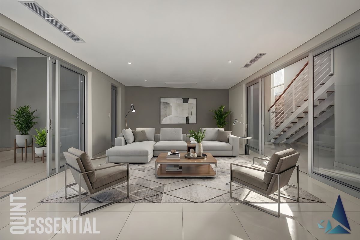 Modern open-plan living area featuring large format floor tiles, recessed ceiling lighting, ducted air conditioning, and sliding glass doors leading to an adjacent staircase.