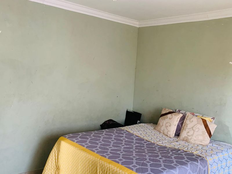 A bedroom featuring light green walls with visible scuff marks and standard cornice detailing.