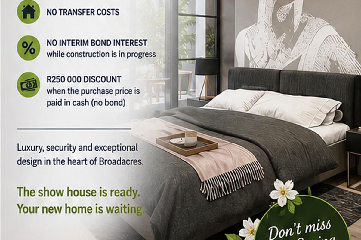 A modern bedroom featuring large sliding glass doors and contemporary wall art, presented as part of a promotional real estate advertisement.